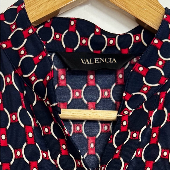 Valencia Dark Academia Retro Midi Dress Navy Red Geometric Chain Print - Picture 2 of 13